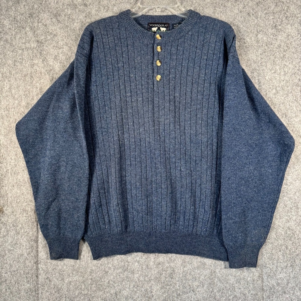 Vtg Woods & Gray Lambswool Oarsman Sweater Mens XL Blue Henley Ribbed Cabincore